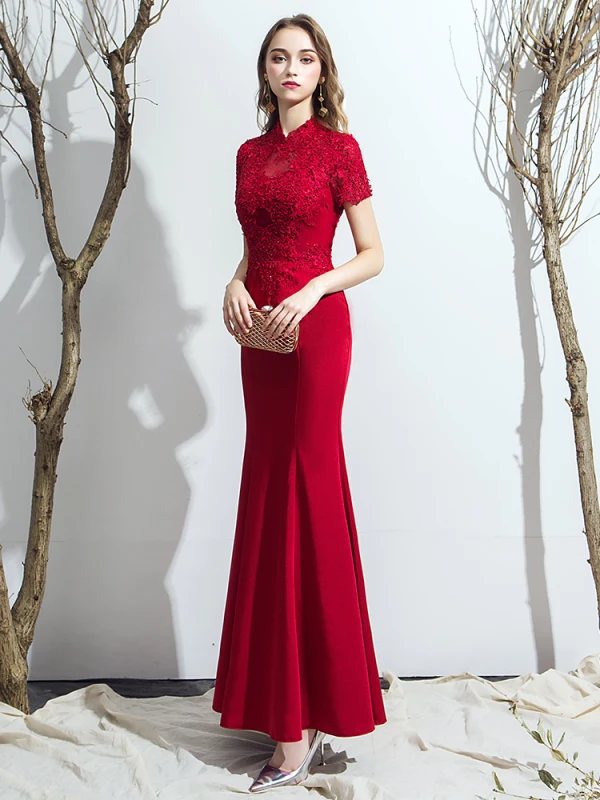 Chic / Beautiful Burgundy Evening Dresses  2019 Trumpet / Mermaid High Neck Backless Crystal Rhinestone Lace Flower Short Sleeve Floor-Length / Long Formal Dresses
