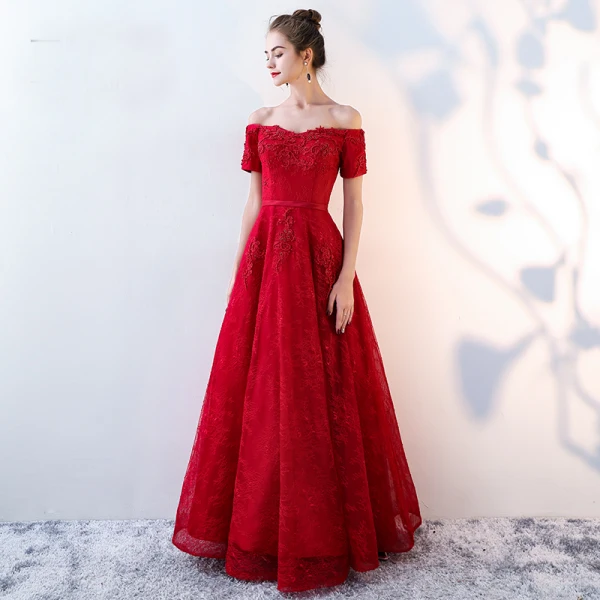 Chic / Beautiful Burgundy Evening Dresses 2019 A-Line / Princess Off-The-Shoulder Beading Crystal Lace Flower Short Sleeve Backless Floor-Length / Long Formal Dresses