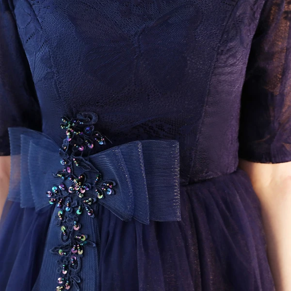 Chic / Beautiful Navy Blue Cocktail Dresses A-Line / Princess Scoop Neck Beading Sequins Bow 1/2 Sleeves Backless Asymmetrical Formal Dresses