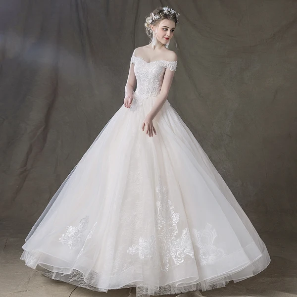 Elegant Champagne Wedding Dresses 2018 Ball Gown Lace Flower Off-The-Shoulder Backless Sleeveless Floor-Length / Long Wedding