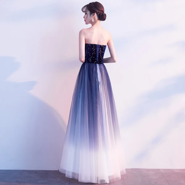 Charming Navy Blue Prom Dresses A-Line / Princess 2019 Strapless Suede Star Sleeveless Backless Floor-Length / Long Formal Dresses