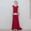 Chic / Beautiful Burgundy Evening Dresses  2019 A-Line / Princess Scoop Neck Crystal Lace Flower Short Sleeve Backless Floor-Length / Long Formal Dresses