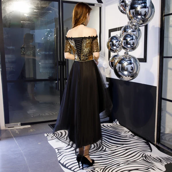 black cocktail dress with gold accents Elegant Black Velvet Dress with Gold Accents Black / S main image 1