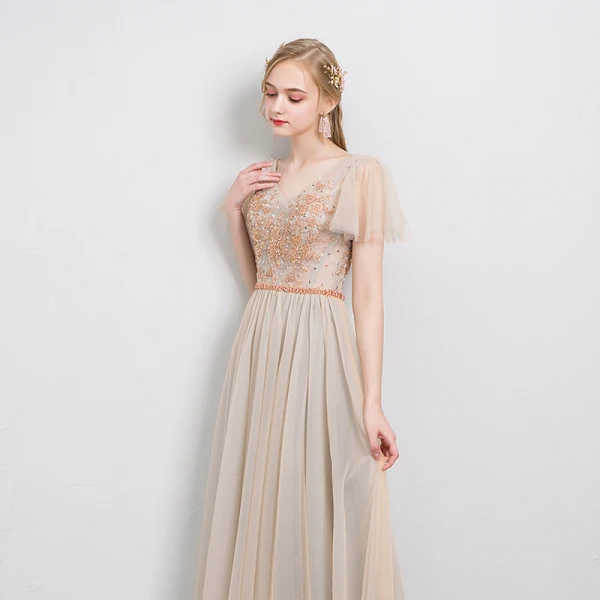 Élégant Champagne Robe De Soirée 2019 Princesse V-Cou Perlage Cristal Paillettes Manches Courtes Dos Nu Longue Robe De Ceremonie