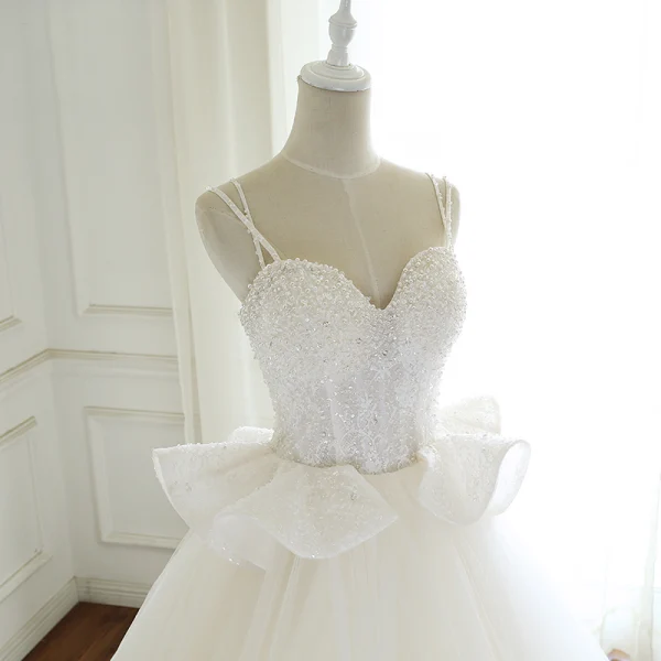 Élégant Ivoire Robe De Mariée 2019 Princesse Bretelles Spaghetti Perlage Paillettes Perle En Dentelle Fleur Sans Manches Dos Nu Longue