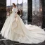 Charming Champagne Wedding Dresses 2019 A-Line / Princess Off-The-Shoulder Pearl Lace Flower Short Sleeve Backless Cascading Ruffles Cathedral Train