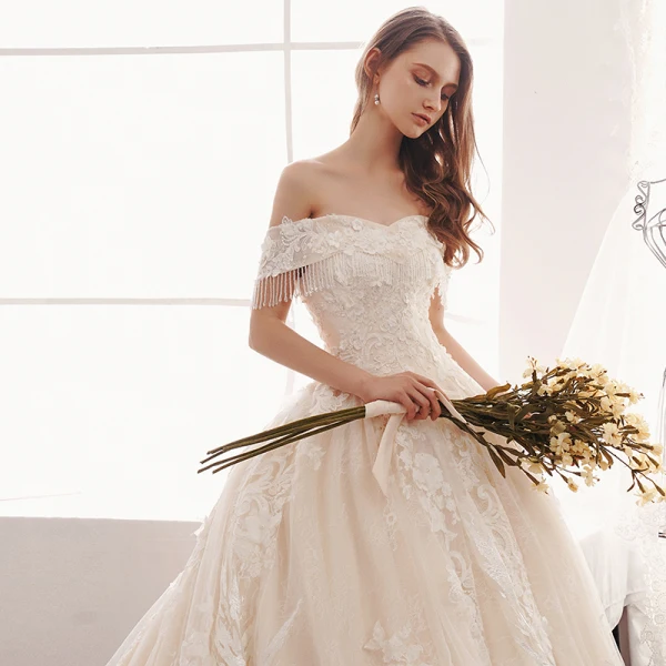 Elegant Champagne Wedding Dresses 2019 A-Line / Princess Off-The-Shoulder Beading Tassel Pearl Lace Flower Short Sleeve Backless Cathedral Train