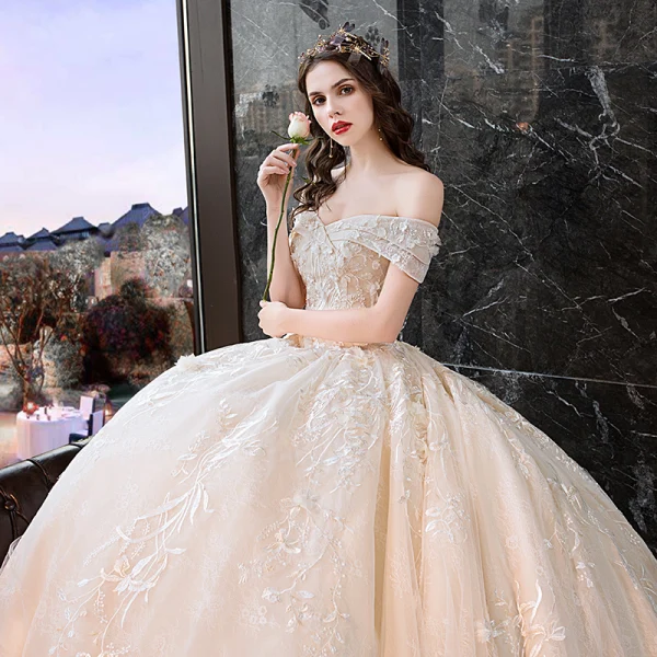 Elegant Ivory Wedding Dresses 2019 A-Line / Princess Off-The-Shoulder Beading Appliques Lace Flower Short Sleeve Backless Royal Train