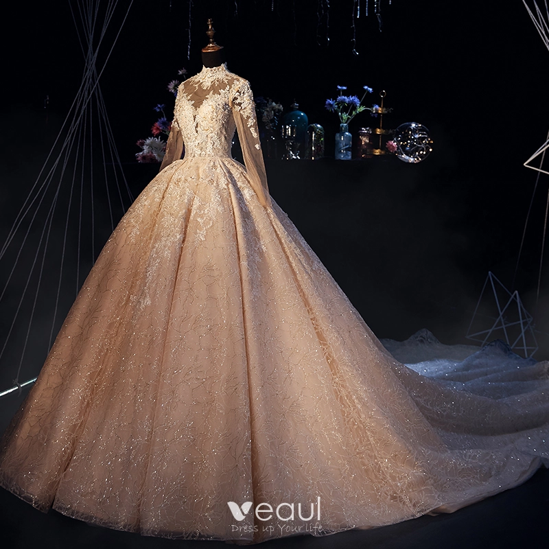 Luxury Gorgeous Champagne Wedding Dresses 2019 A Line Princess High Neck Glitter Beading Lace Flower Pearl Crystal Long Sleeve Backless Royal Train