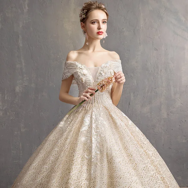 Charming Champagne Wedding Dresses 2019 Ball Gown Off-The-Shoulder Short Sleeve Backless Flower Glitter Lace Pearl Chapel Train