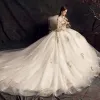 Elegant Champagne Wedding Dresses 2019 A-Line / Princess V-Neck Beading Lace Flower Sequins 3/4 Sleeve Backless Cathedral Train