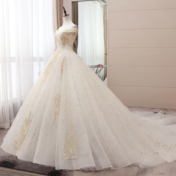 Elegant Champagne Wedding Dresses 2019 Ball Gown Off-The-Shoulder Beading Pearl Sequins Lace Flower Sleeveless Backless Chapel Train