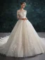 Élégant Champagne Robe De Mariée 2019 Princesse Encolure Dégagée En Dentelle Fleur Manches Longues Dos Nu Cathedral Train