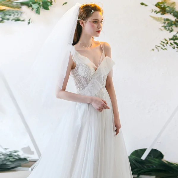 Chic / Belle Ivoire Robe De Soirée 2019 Princesse Bretelles Spaghetti Perlage En Dentelle Fleur Dos Nu Longue Robe De Ceremonie