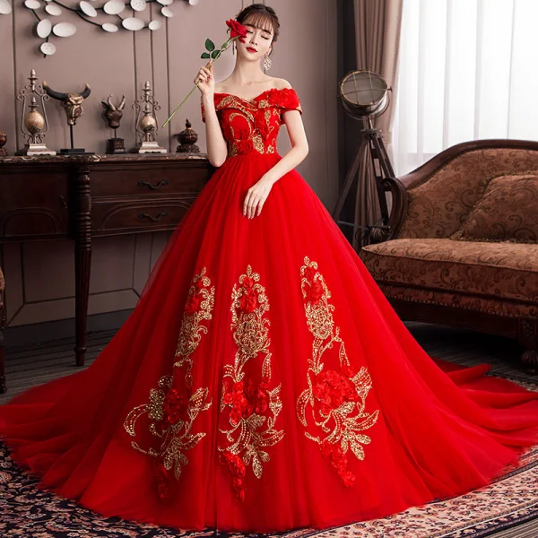 Schöne Rot Brautkleider / Hochzeitskleider 2019 A Linie Off Shoulder Pailletten Spitze Blumen Kurze Ärmel Rückenfreies Kathedrale Schleppe