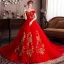 Schöne Rot Brautkleider / Hochzeitskleider 2019 A Linie Off Shoulder Pailletten Spitze Blumen Kurze Ärmel Rückenfreies Kathedrale Schleppe