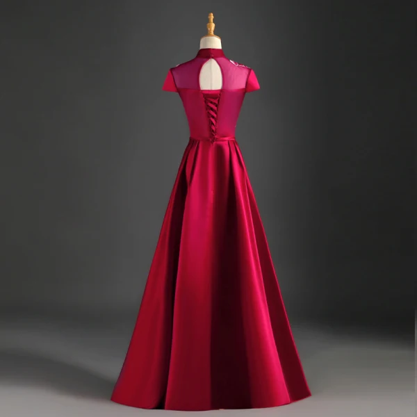 Chinese style Burgundy Evening Dresses 2019 A-Line / Princess High Neck Bow Appliques Lace Cap Sleeves Backless Floor-Length / Long Formal Dresses