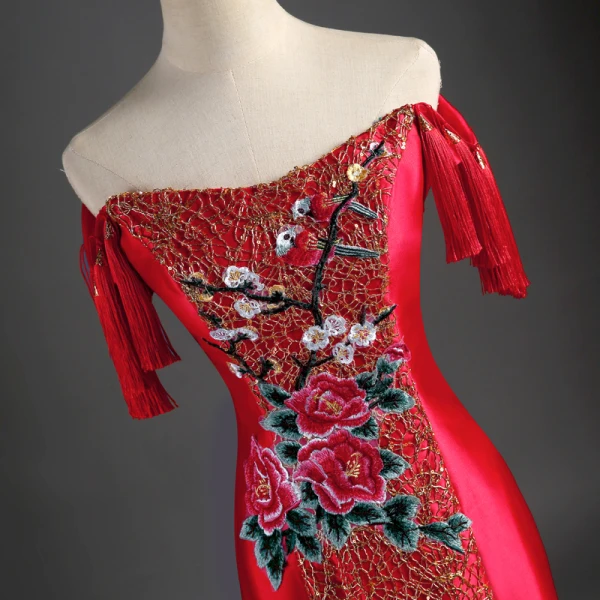 Chinese style Red Evening Dresses 2019 Trumpet / Mermaid Off-The-Shoulder Tassel Sequins Appliques Lace Sleeveless Backless Floor-Length / Long Formal Dresses