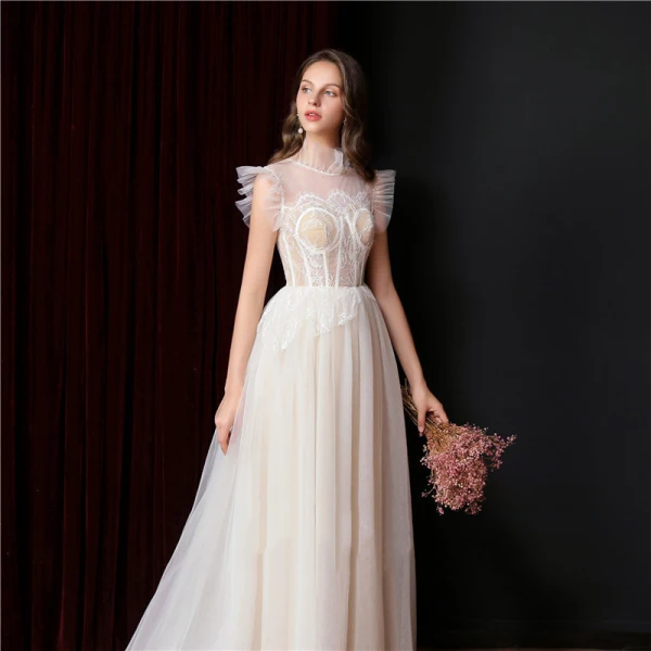 Vintage / Retro Champagne Lace Flower Prom Dresses Wedding Dresses 2021 A-Line / Princess High Neck Sleeveless Sweep Train Formal Dresses