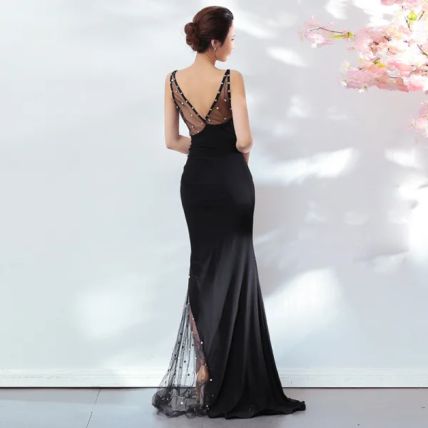 Sexy Noire Robe De Soirée 2018 Trompette / Sirène Paillettes Bretelles Spaghetti Dos Nu Sans Manches Longue Robe De Ceremonie