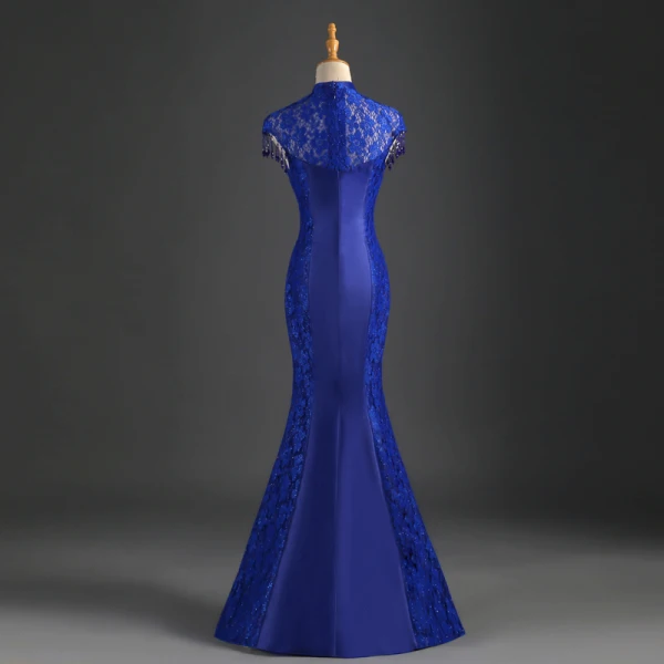 Chinese style Royal Blue Evening Dresses Trumpet Mermaid High Neck Beading Tassel Lace