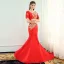 Chinese style Red Evening Dresses  2019 Trumpet / Mermaid V-Neck Rhinestone Appliques Lace Cap Sleeves Tassel Backless Court Train Formal Dresses