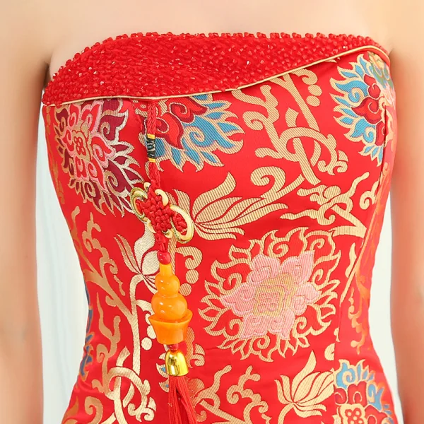 Chinese style Red Evening Dresses 2019 Trumpet / Mermaid Strapless Crystal Sleeveless Backless Printing Floor-Length / Long Formal Dresses