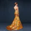 Style Chinois Doré Robe De Soirée 2019 Trompette / Sirène Encolure Dégagée Perlage Perle Gland Appliques Brodé Sans Manches Dos Nu Train De Balayage Robe De Ceremonie