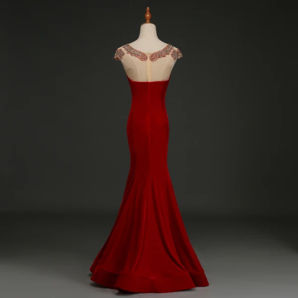 Elegant Burgundy Evening Dresses 2019 Trumpet / Mermaid Suede V-Neck Rhinestone Lace Flower Cap Sleeves Floor-Length / Long Formal Dresses