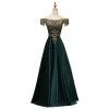Elegant Dark Green Evening Dresses  2019 A-Line / Princess Off-The-Shoulder Rhinestone Sash Short Sleeve Backless Floor-Length / Long Formal Dresses