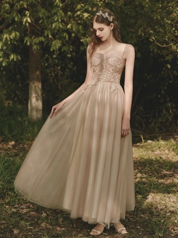 Chic / Beautiful Champagne Prom Dresses 2021 A-Line / Princess Spaghetti Straps Lace Flower Sleeveless Backless Floor-Length / Long Formal Dresses