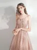 Chic / Beautiful Champagne Prom Dresses 2021 A-Line / Princess Spaghetti Straps Beading Lace Flower Sleeveless Backless Floor-Length / Long Formal Dresses