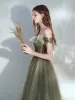 Moda Koniczyna Zielony Sukienki Na Bal 2021 Princessa Przy Ramieniu Kótkie Rękawy Bez Pleców Długie Bal Sukienki Wizytowe