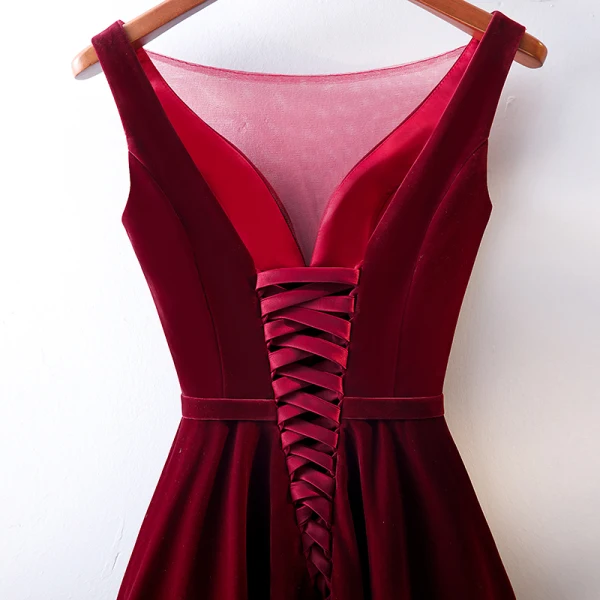 Chic / Beautiful Burgundy Evening Dresses 2019 A-Line / Princess Scoop Neck Suede Bow Sleeveless Backless Floor-Length / Long Formal Dresses
