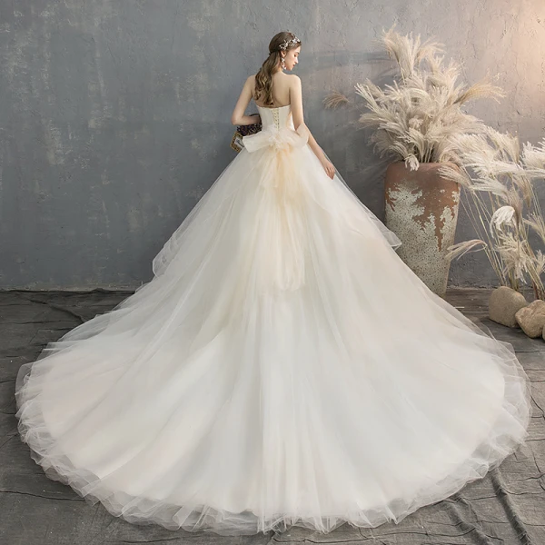 Charmant Champagne Robe De Mariée 2019 Princesse Bustier Noeud Sans Manches Dos Nu Cathedral Train