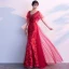Chic / Beautiful Burgundy Evening Dresses  2019 A-Line / Princess V-Neck Crystal Lace Flower Short Sleeve Backless Floor-Length / Long Formal Dresses
