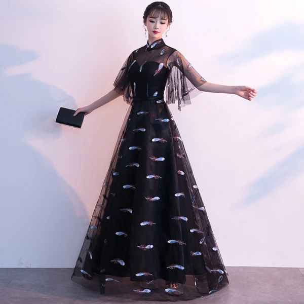 Chic / Beautiful Black Evening Dresses 2019 A-Line / Princess High Neck Sash Lace Flower 1/2 Sleeves Floor-Length / Long Formal Dresses