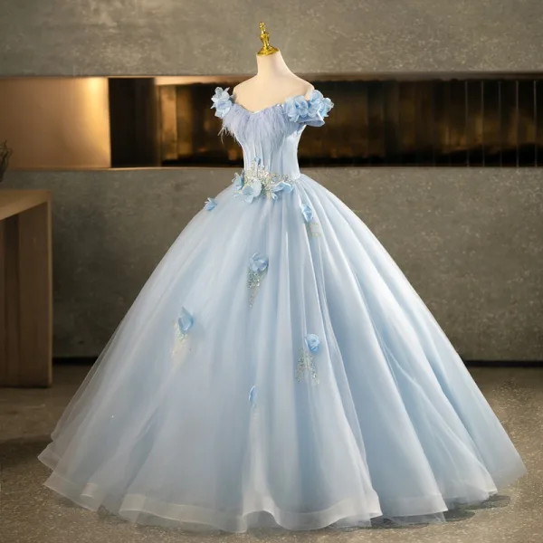 Elegant Sky Blue Beading Sequins Appliques Prom Dresses 2025 Ball Gown Off-The-Shoulder Tassel Short Sleeve Backless Floor-Length / Long Formal Dresses