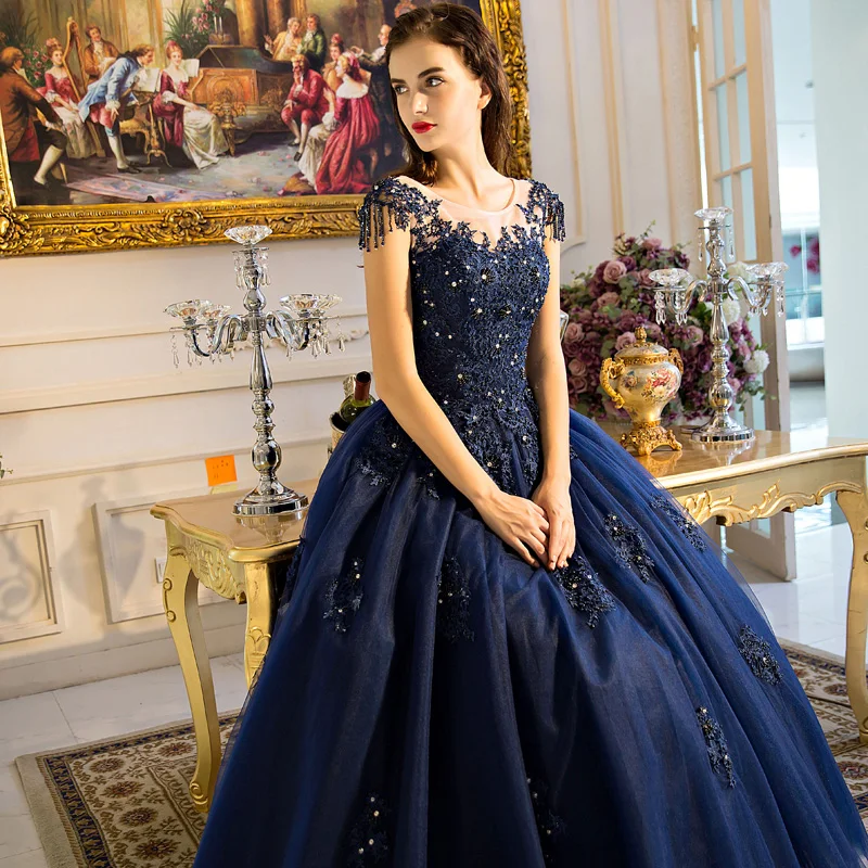 Classic Navy Blue Quinceaera Prom Dresses 2018 Ball Gown Lace Appliques Beading Sequins