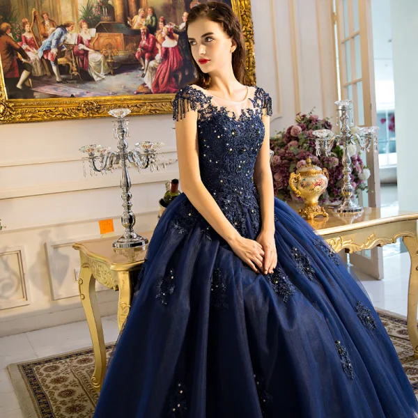 Classic Navy Blue Quinceañera Prom Dresses 2018 Ball Gown Lace Appliques Beading Sequins Scoop Neck Backless Sleeveless Floor-Length / Long Formal Dresses