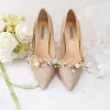 Sparkly Gold Wedding Shoes 2019 Leather Sequins Appliques Pearl 9 cm Stiletto Heels Pointed Toe Wedding Pumps