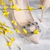 Chic / Beautiful Beige Wedding Shoes 2019 Lace Rhinestone 9 cm Stiletto Heels Pointed Toe Wedding Pumps