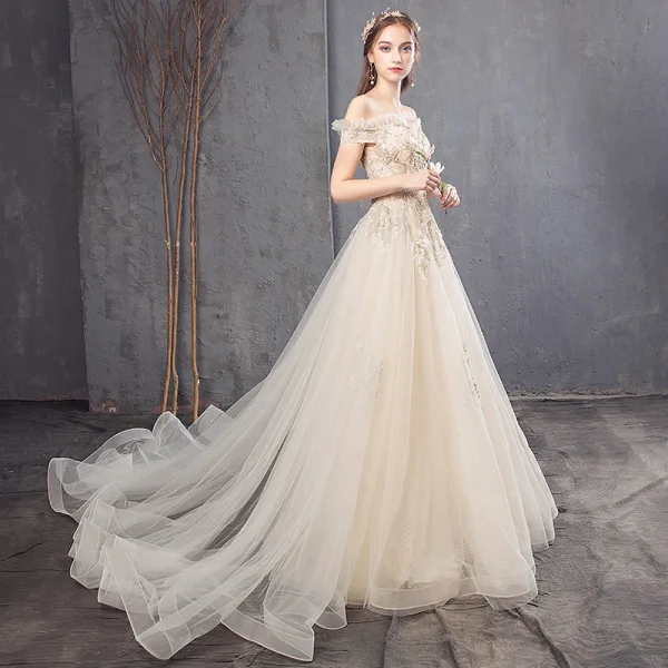 Champagne Høst Vår Sommer Brudekjoler Ryggløse Krystall Blomst Blonder Perle Paljetter Tyll Bryllup Elegant 2019
