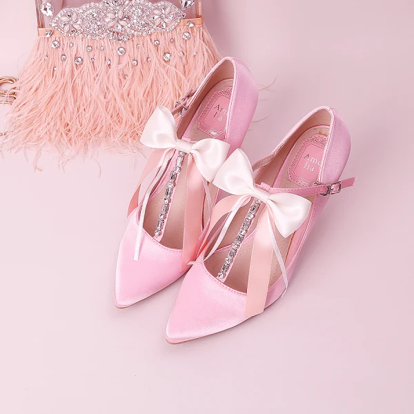 Schön Pink Brautschuhe 2019 Schleife Strass T-Riemen 9 cm Stilettos Spitzschuh Hochzeit Pumps