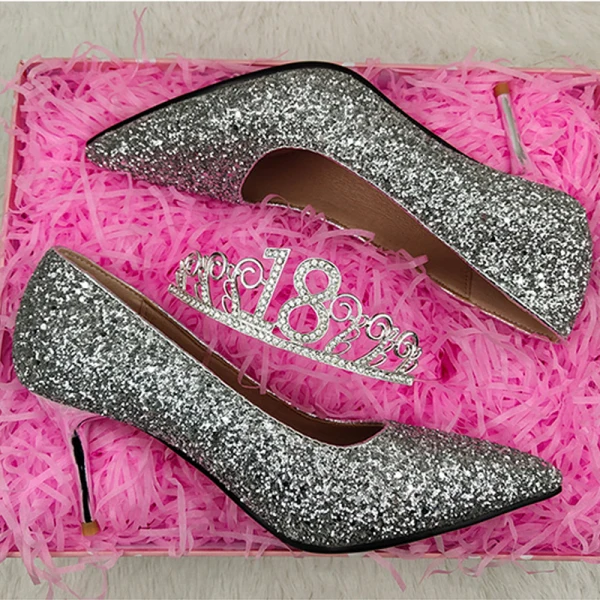 Sparkly Sølv Brudesko 2019 Paljetter 7 cm Stiletthæler Spisse Bryllup Pumps