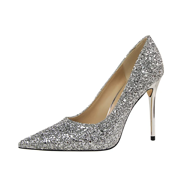Sparkly Sølv Brudesko 2019 Paljetter 9 cm Stiletthæler Spisse Bryllup Pumps