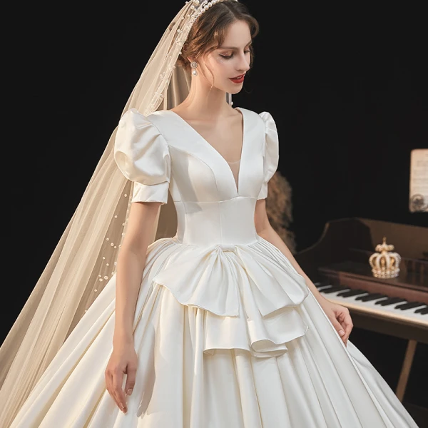Victorian Style Ivory Satin Wedding Dresses 2021 Ball Gown Deep V-Neck Bell sleeves Backless Royal Train Wedding