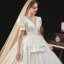 Victorian Style Ivory Satin Wedding Dresses 2021 Ball Gown Deep V-Neck Bell sleeves Backless Royal Train Wedding