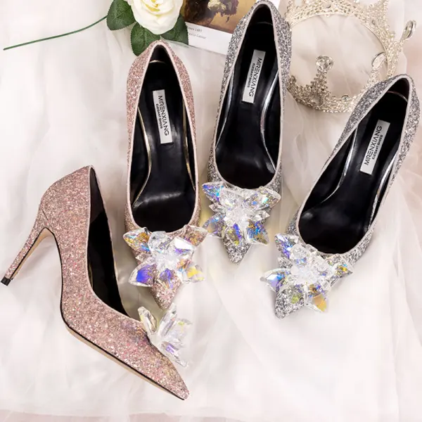 Charmant Silber Aschenputtel Brautschuhe 2019 Kristall Pailletten 10 cm Stilettos Spitzschuh Hochzeit Pumps