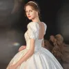 Victorian Style Ivory Satin Wedding Dresses 2021 Ball Gown Square Neckline Bell sleeves Backless Royal Train Wedding